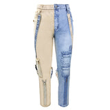 straight overall Beige And Blue Jeans