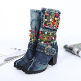 Embroidery Chunky Heel Boots