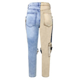straight overall Beige And Blue Jeans