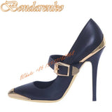 Buckles Metal Straps Leather High Heels