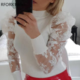 Lace Puff Sleeve Knit Blouse Top