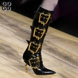 Triple Buckle Pointed Toe Knee High Boots