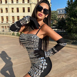 Spaghetti Strap Gloves Rhinestone Dress