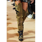 Suede Pointed  Mid Heels Buckle Knee High Boots