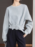 Stylish Grey Belt Waist Sweatshirt
