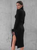 Elegant Office Feathers Black Knit Dress