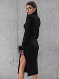 Elegant Office Feathers Black Knit Dress