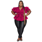 Plus Size V-neck  Ruffle Bow Top