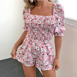 Square Collar Floral Romper Shorts