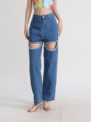 Rhinestone Cut Out Jeans