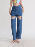 Rhinestone Cut Out Jeans