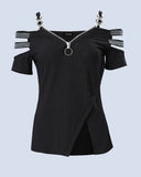 Short Sleeve Rhinestone Zipper Blouse Top