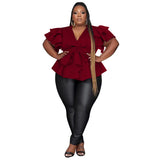 Plus Size V-neck  Ruffle Bow Top