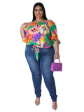 Plus Size Flower Casual Off Shoulder Top