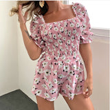 Square Collar Floral Romper Shorts