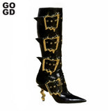 Triple Buckle Pointed Toe Knee High Boots