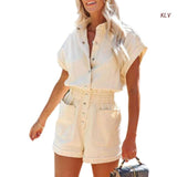 Elastic Waist Button UP Romper Shorts