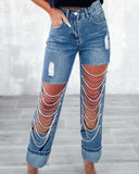 Diamond Rhinstone Ripped Jeans