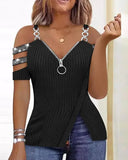 Short Sleeve Rhinestone Zipper Blouse Top