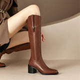 Leather Thick High Heel Knee High Boots