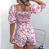 Square Collar Floral Romper Shorts