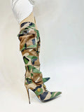 Buckle Pocket Camou Knee High Boots