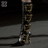 Triple Buckle Pointed Toe Knee High Boots