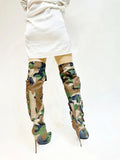 Buckle Pocket Camou Knee High Boots