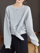 Stylish Grey Belt Waist Sweatshirt