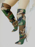 Buckle Pocket Camou Knee High Boots