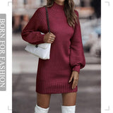 Knitted Turtleneck Lantern Sleeve Dress