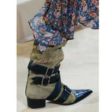 Suede Pointed  Mid Heels Buckle Knee High Boots