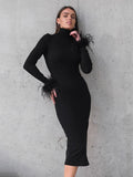 Elegant Office Feathers Black Knit Dress