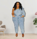 Plus Size Slanted Shoulder Jeans Romper