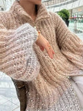 Stand Collar Zipper Sparkling Cardigan