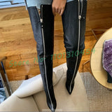 Leather Front Zip Over Knee High Boot