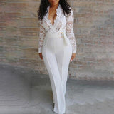 Lace Stitching Long Sleeve V-Neck Romper