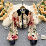 Flowers Turn Down Collar Blouse Top