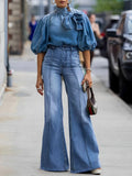 Loose Button Up Neck Blouse Top