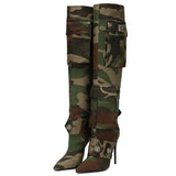 Buckle Pocket Camou Knee High Boots