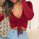 v neck ruched lace up top - For you and all