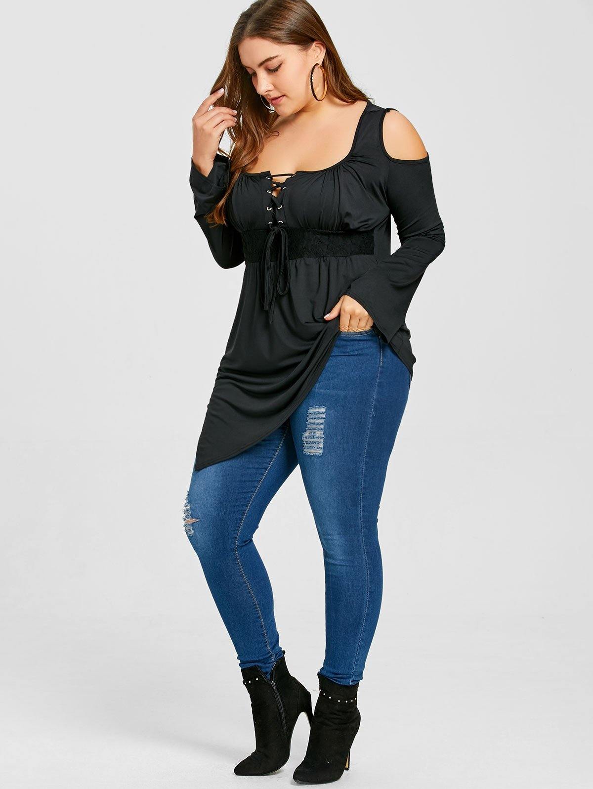 plus size cutout shoulder lace up top - For you and all