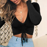 v neck ruched lace up top - For you and all