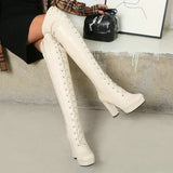 Platform Square Cross Tied Knee High Boots
