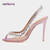 Silver Crystal Slingback Ankle Strap  High Heels
