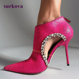 Side Air Crystal Pointed Toe Leather Stiletto Heels