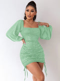 Lantern Sleeve Drawstring Dress