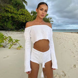 Knit Stripe Crop Top Shorts Sets