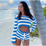 Knit Stripe Crop Top Shorts Sets