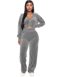 Velvet  Zipper Hoodie Crop Sweat Suit
